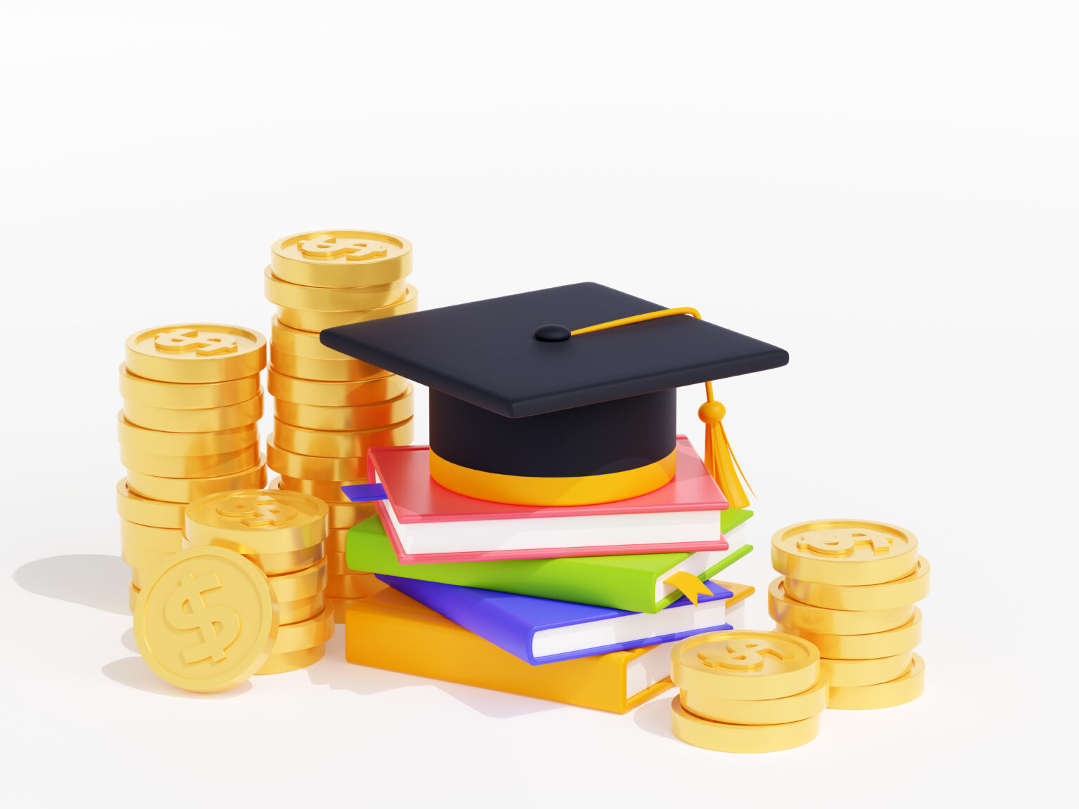 3D illustration of academic cap on books and money
